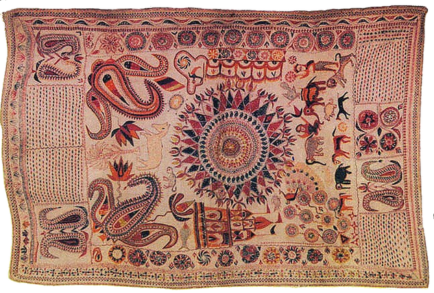 rectangular kantha quilt in natural earthy colours